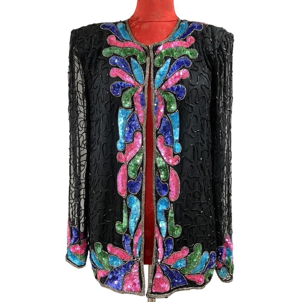 Vintage Beaded Cocktail Jacket Silky Nites by Cherish black beads multi sequin L